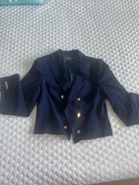 Ralph Lauren Navy Double-Breasted Cropped Blazer with Gold Buttons